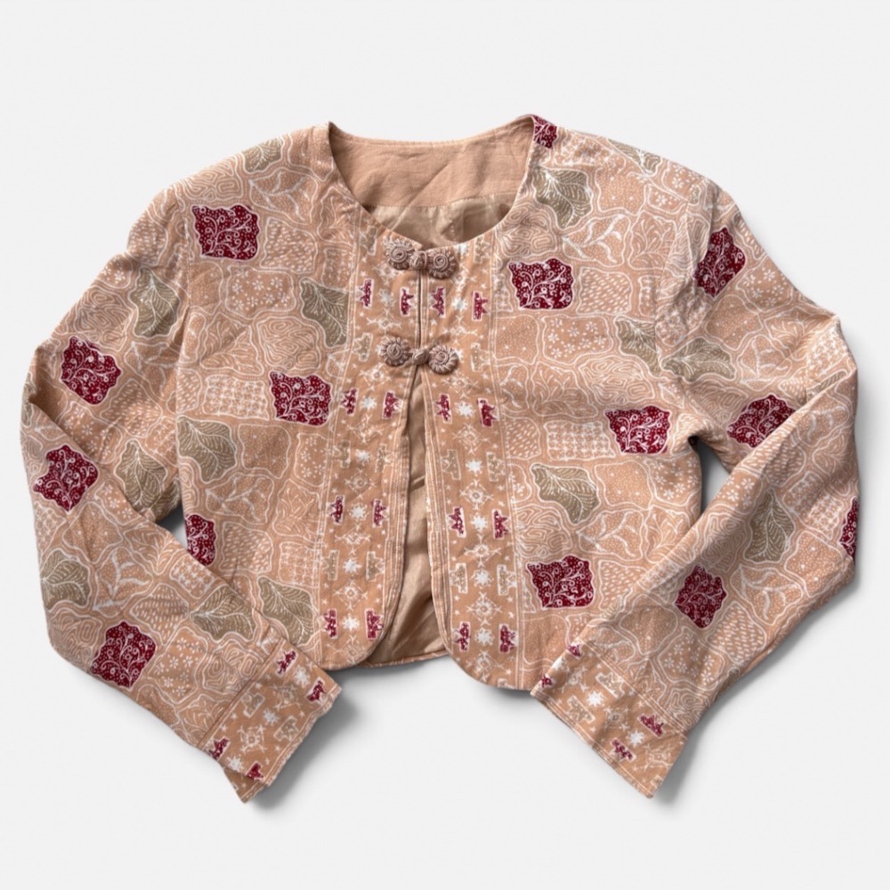 Vintage Cropped Batik Print Jacket Peach Burgundy Frog Button Closure Boho S